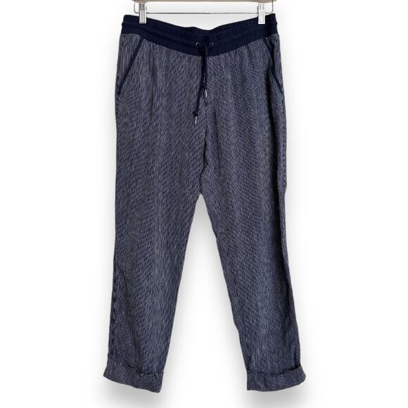 Athleta Navy Blue Stripe Bali 100% Linen Ankle Pull On Pant Women's Size 10 - Picture 1 of 9